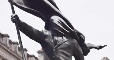 Banksy Unveils New London Sculpture of Flag-Bearing Figure in Westminster